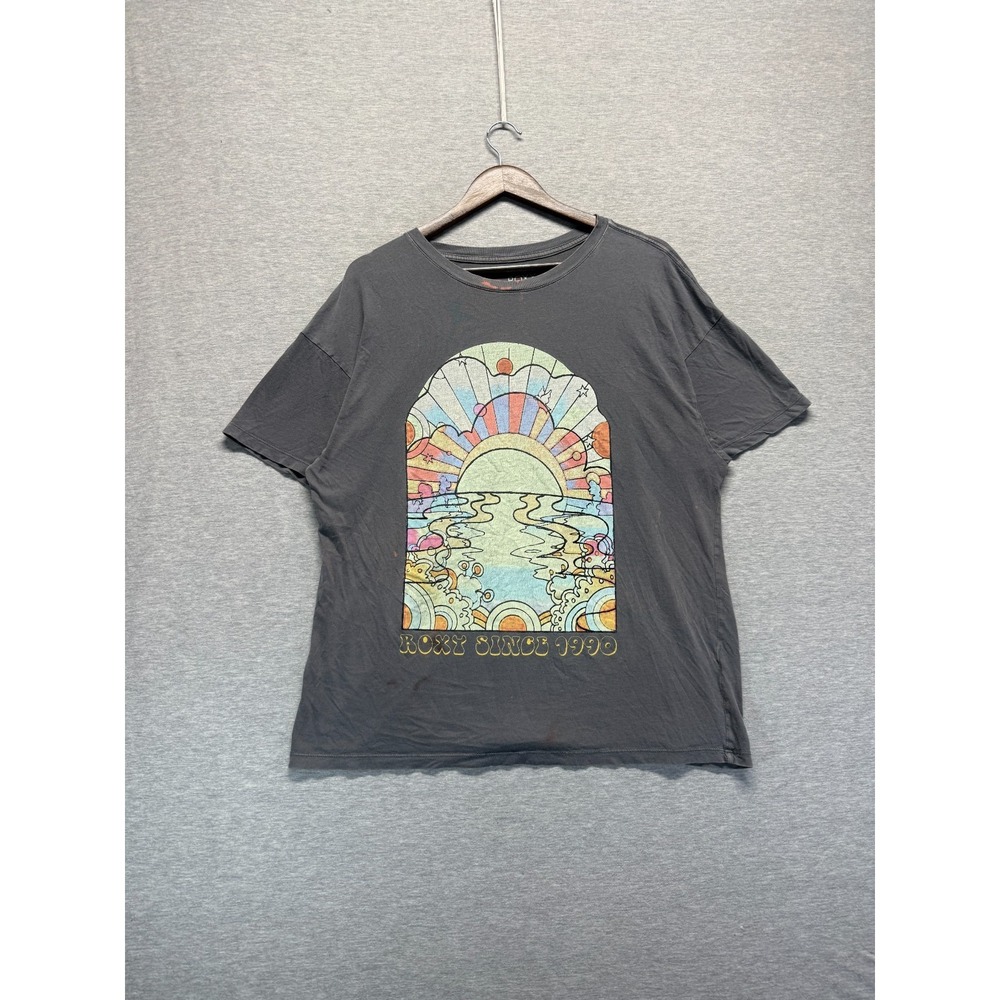 Roxy On The Hill Tee Shirt Womens Medium Gray Graphic Print Sunburst Crew Neck